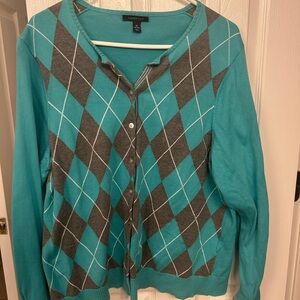 Lands' End Women's Teal and Gray Argyle Cardigan